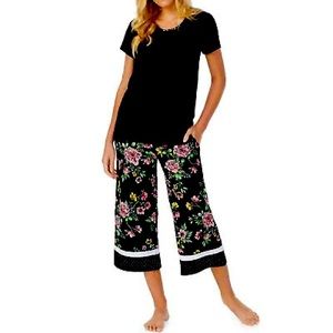 Kensie-Black Floral Pajamas, 2 Piece, short sleeve shirt and pant with pockets.